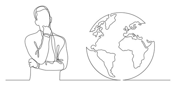 man thinking about global issues - continuous line drawing