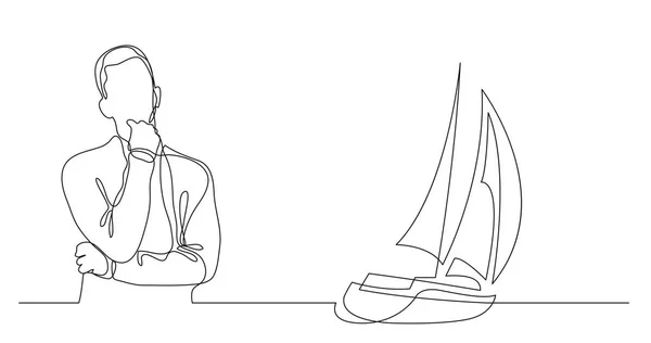 Homem Pensando Férias Barco Vela Desenho Linha Contínua — Vetor de Stock