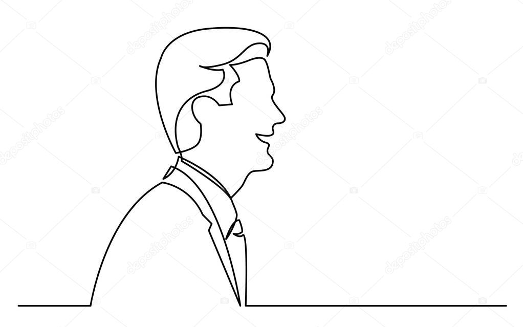 continuous line drawing of isolated on white background profile portrait of happy white businessman