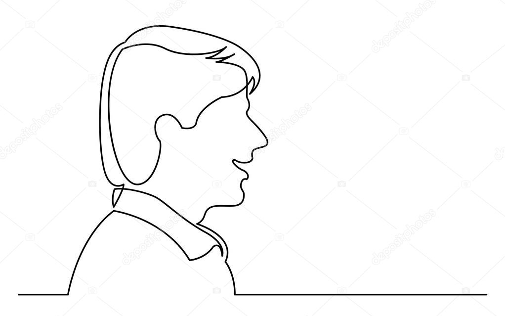 continuous line drawing of isolated on white background profile portrait of smiling young man