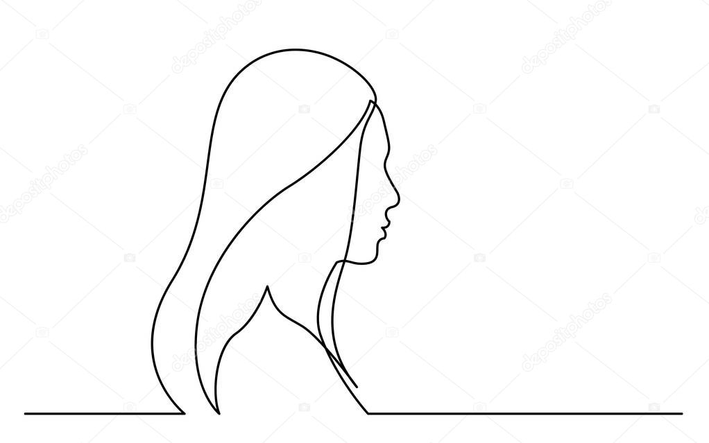 continuous line drawing of isolated on white background profile portrait of woman with long hair