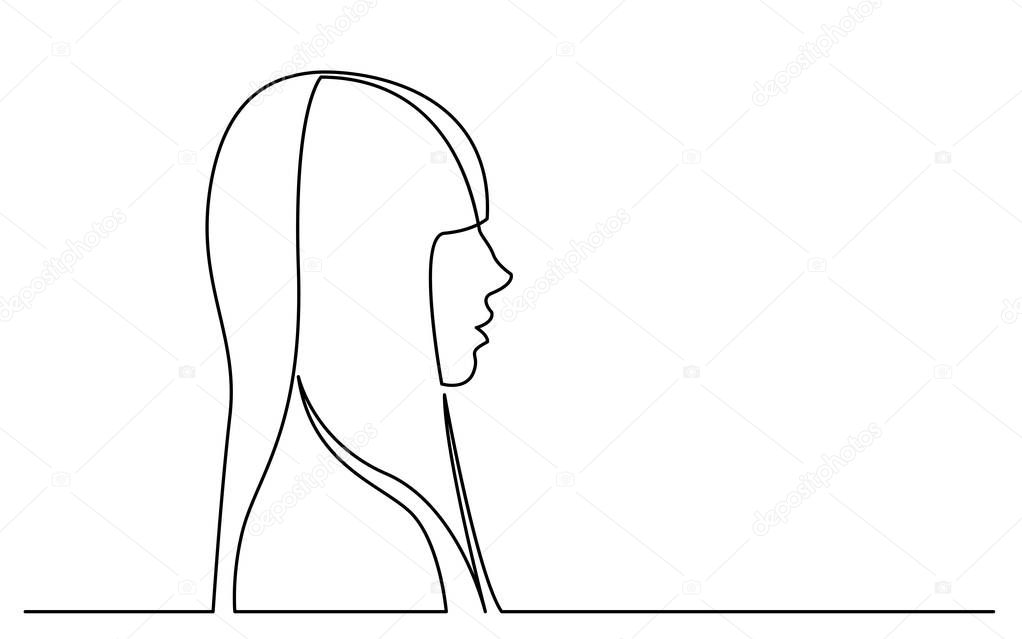 continuous line drawing of isolated on white background profile portrait of woman with long hair