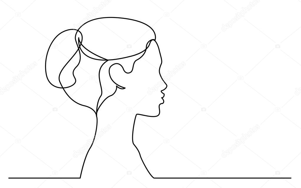 continuous line drawing of isolated on white background profile portrait of young beautiful woman
