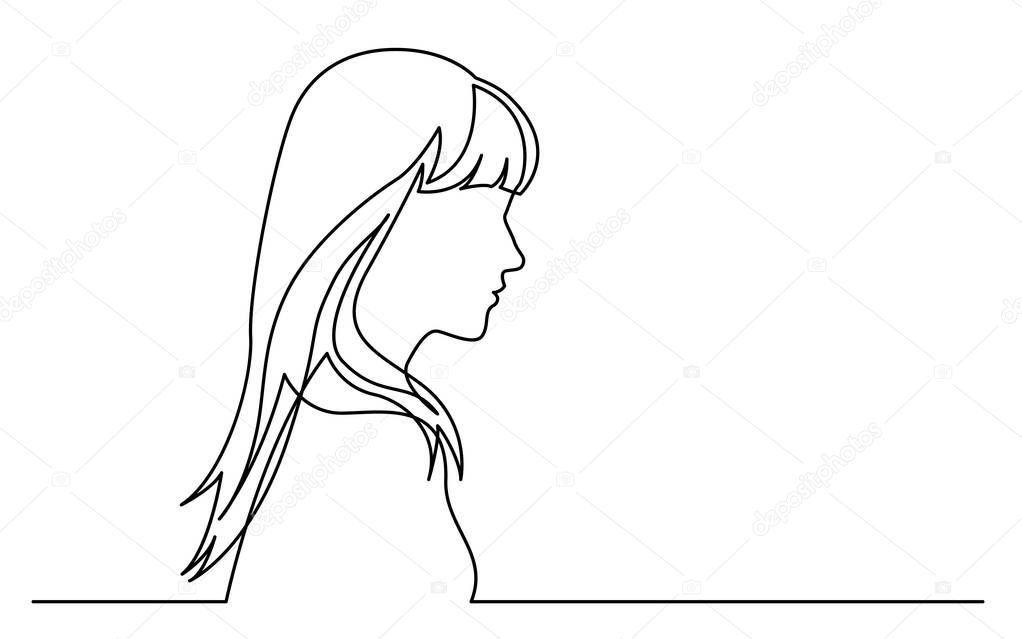 continuous line drawing of isolated on white background profile portrait of young ordinary woman