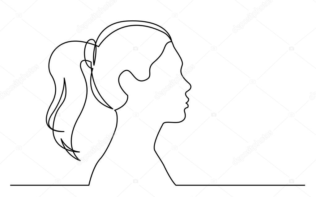 continuous line drawing of isolated on white background profile portrait of young woman with ponytail