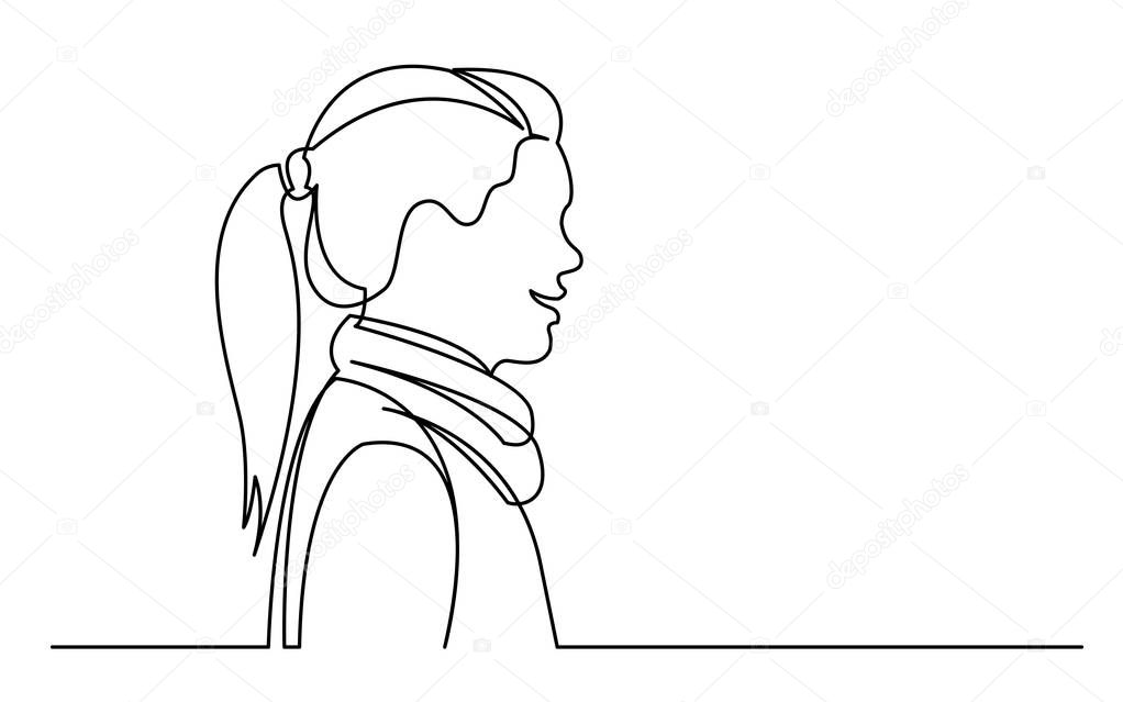 continuous line drawing of isolated on white background profile portrait of woman wearing scarf