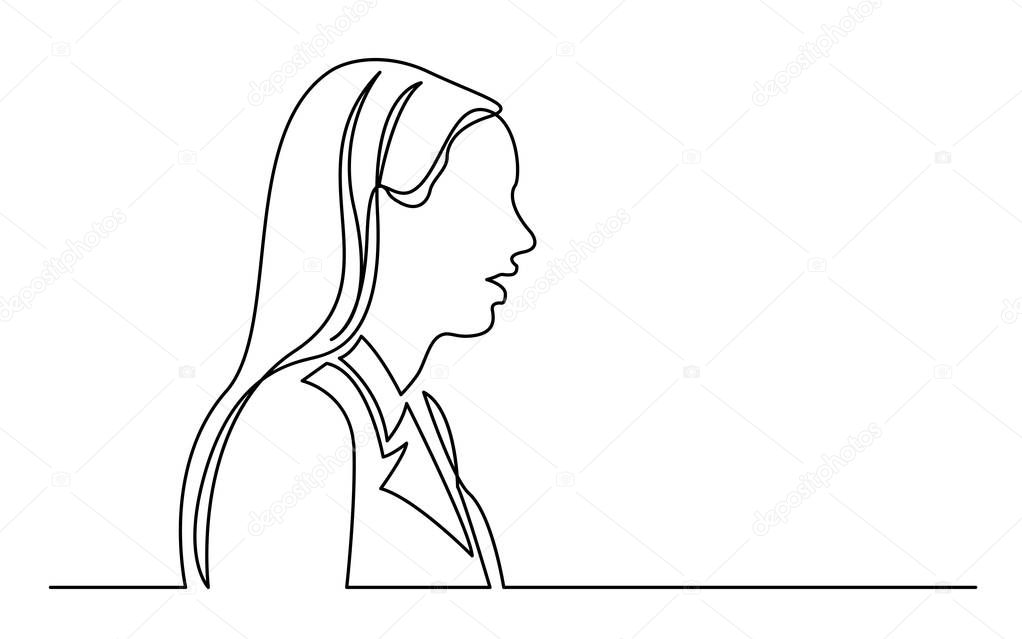 continuous line drawing of isolated on white background profile portrait of surprized ordinary woman