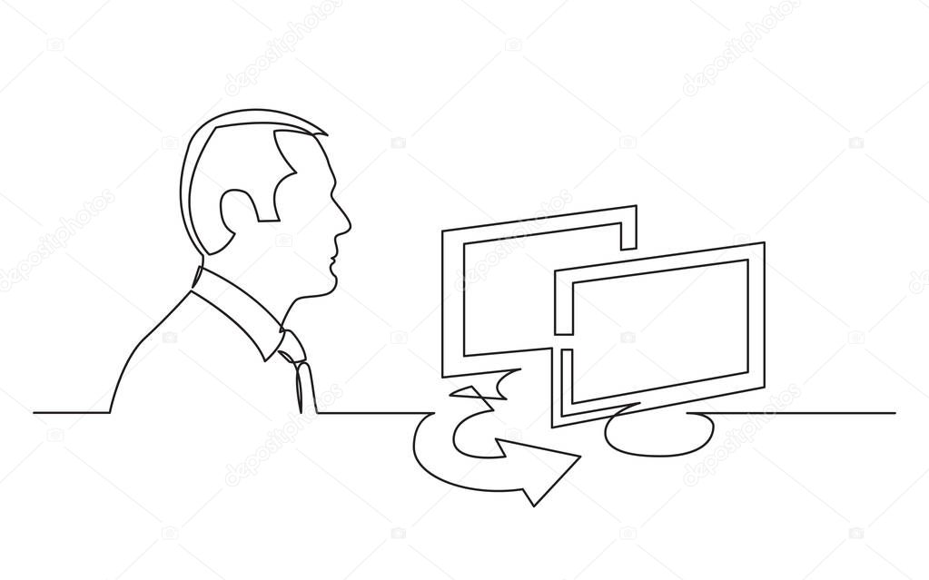 businessman thinking about electronic documents sharing - continuous line drawing
