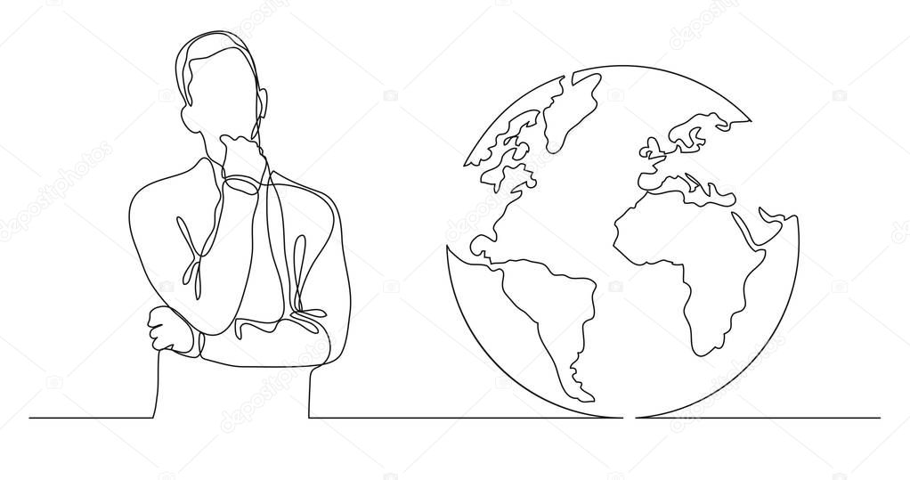 man thinking about global issues - continuous line drawing