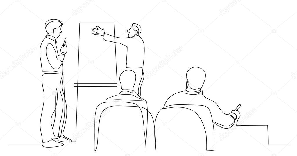 business colleagues discussing presentation at meeting - one line drawing