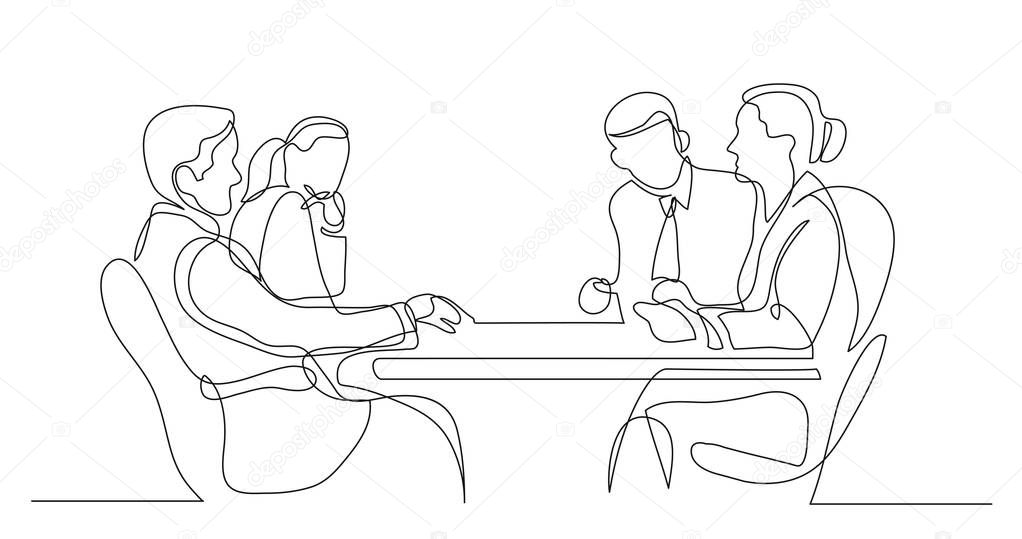 business colleagues discussion during meeting - one line drawing