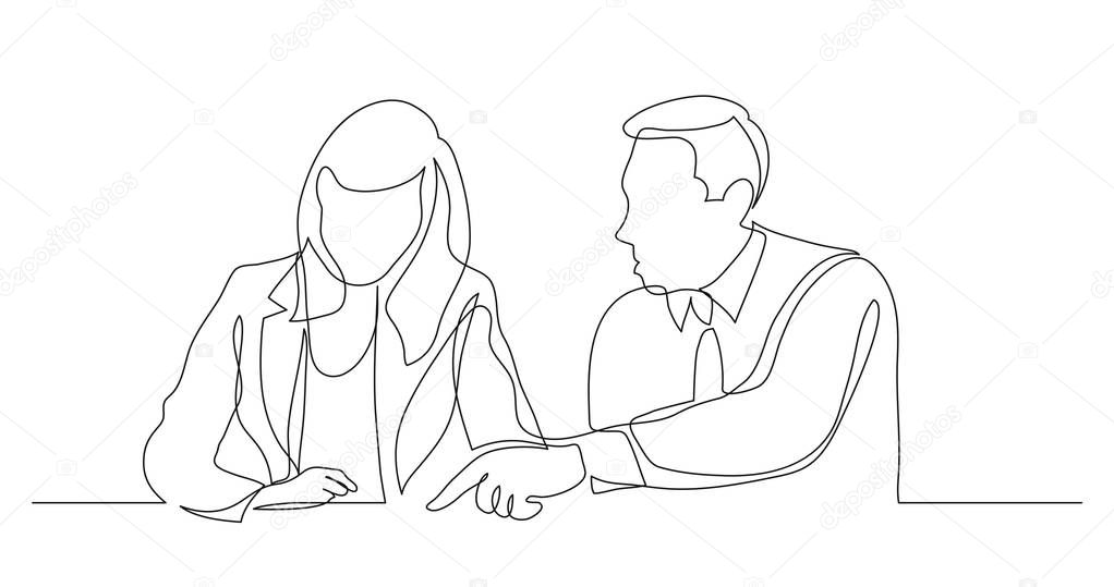 business colleagues helping during working process - one line drawing