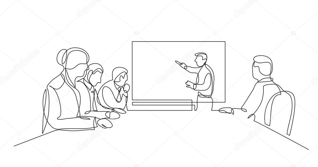 business people listening presentation during team meeting - one line drawing