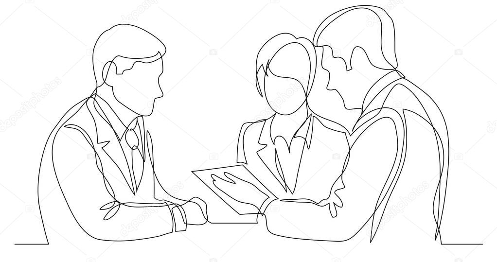business persons discussing working contract - one line drawing