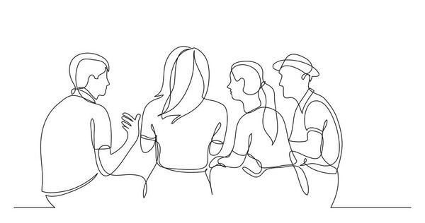 Jóvenes Amigos Sentados Hablando Juntos Dibujo Una Línea — Vector de stock