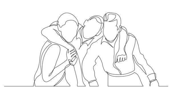 Three Friends Hugging Together One Line Drawing — Stock Vector