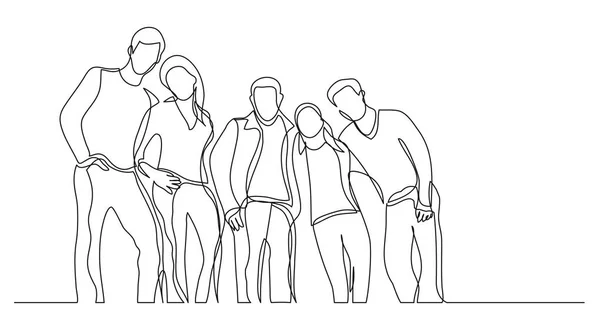 一群年轻的学生朋友站在一起摆姿势微笑 一条线画 — 图库矢量图片