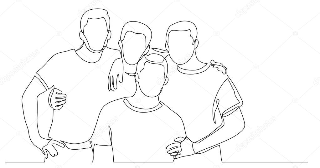 three friends standing posing together - one line drawing
