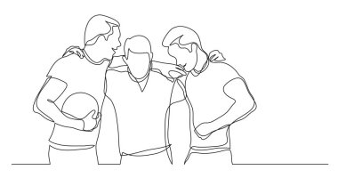 genç erkek sporcuların takım birlikte top tutarak ayakta - tek satır çizim