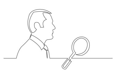 Businessman thinking about search business tools - continuous line drawing vector Businessman thinking about search business tools - continuous line drawing vector