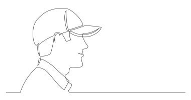 profile portrait of smiling man in baseball cap - continuous line drawing on white background