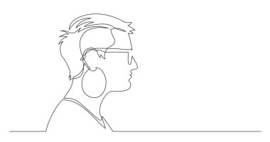 büyük küpeile kısa saçlı kadın profil portresi - beyaz arka plan üzerinde sürekli çizgi çizim
