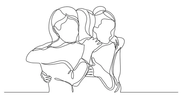 Three Female Friends Greeting Hugging Each Other One Line Drawing — Stock Vector
