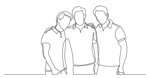 Three Male Friends Posing Hugging One Line Drawing — Stock Vector