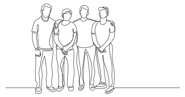 Company Teenagers Standing Together Friends One Line Drawing — Stock Vector