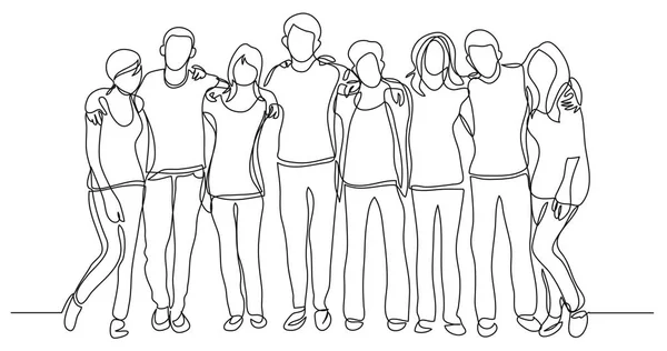 High School Class Friends Standing Together One Line Drawing — Stock Vector
