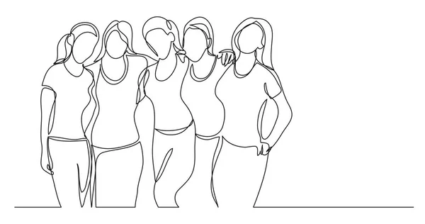 Team Young Female Athletes Standing Together One Line Drawing — 스톡 벡터