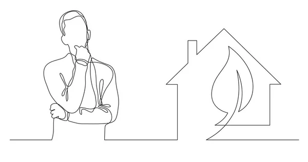 Man Thinking Green Energy Home Continuous Line Drawing — Stock Vector