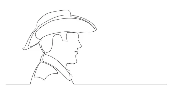 Retrato Perfil Homem Sorridente Chapéu Cowboy Camisa Linha Contínua Desenho —  Vetores de Stock