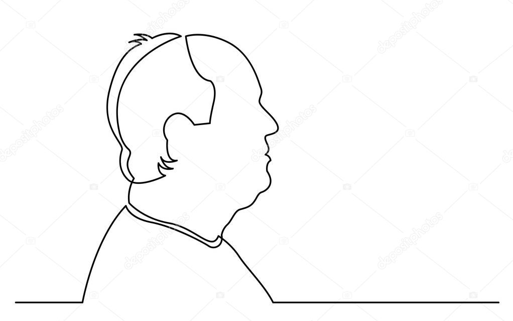 continuous line drawing of isolated on white background profile portrait of bald senior man