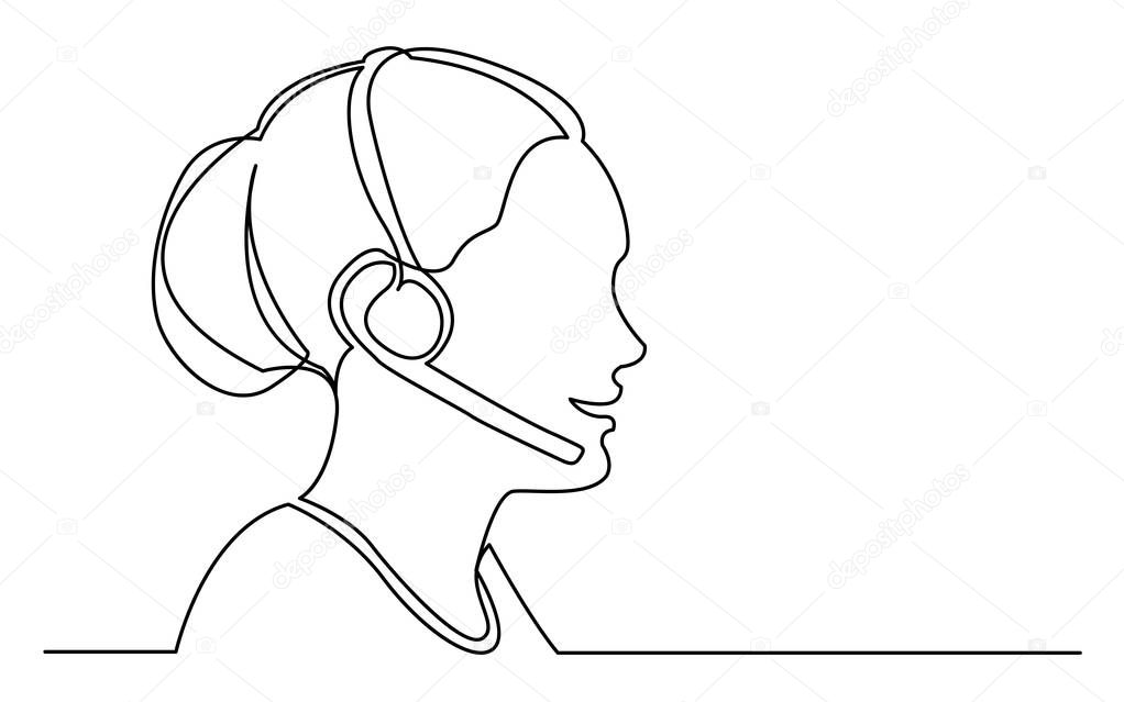 continuous line drawing of isolated on white background profile portrait of call center woman with headset