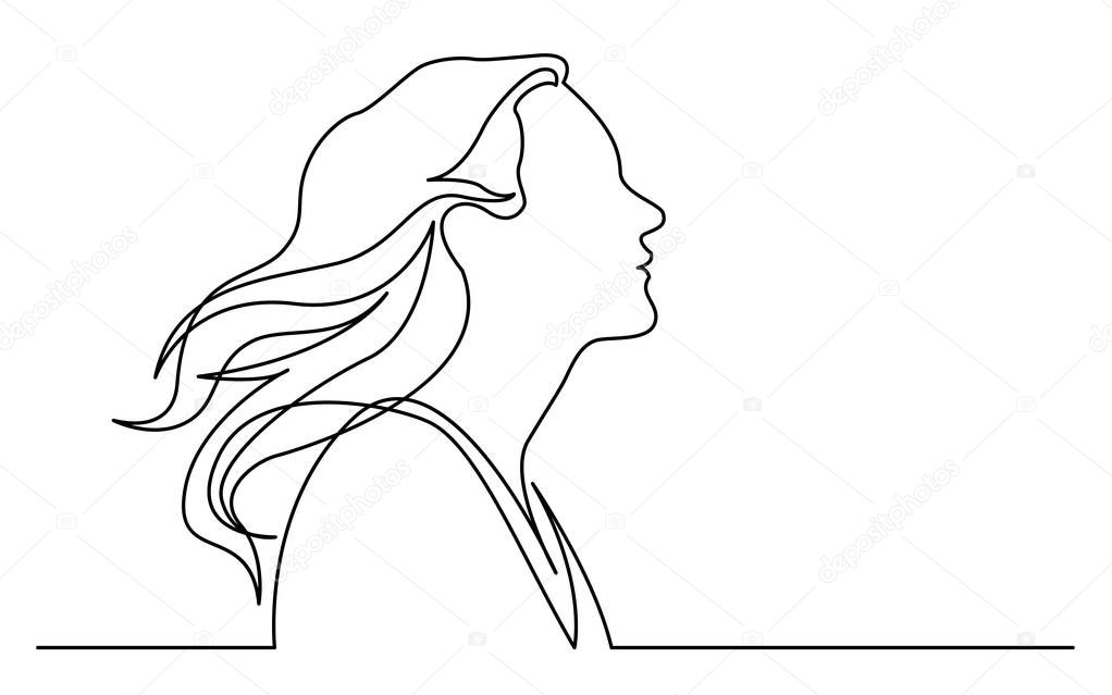continuous line drawing of isolated on white background profile portrait of happy woman enjoying life