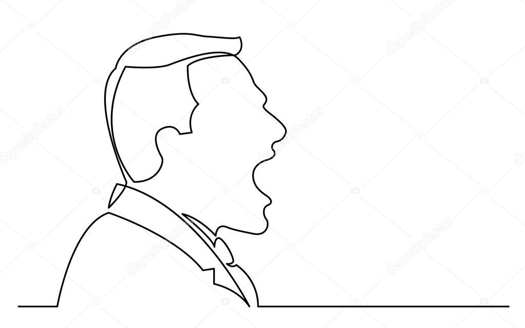 continuous line drawing of isolated on white background profile portrait of screaming businessman