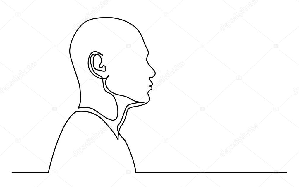 continuous line drawing of isolated on white background profile portrait of man with shaved head