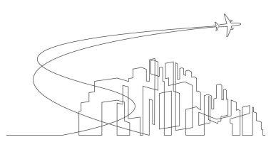 gökdelenler ve gökyüzünde uçak ile soyut modern şehir silueti - beyaz arka plan üzerinde tek satır vektör grafikleri