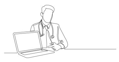bir satır vektör hastane Doktor oturma dizüstü bilgisayar ekranında işaret çizim
