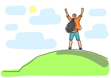 One line drawing of man on the top of the world vector