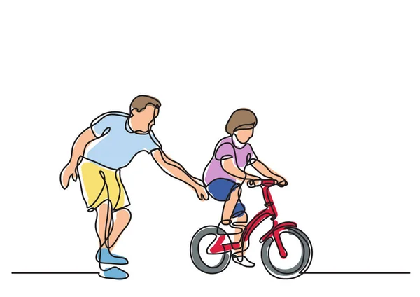 ドライブの自転車に子供を助ける父の つの線の描画 — ストックベクタ