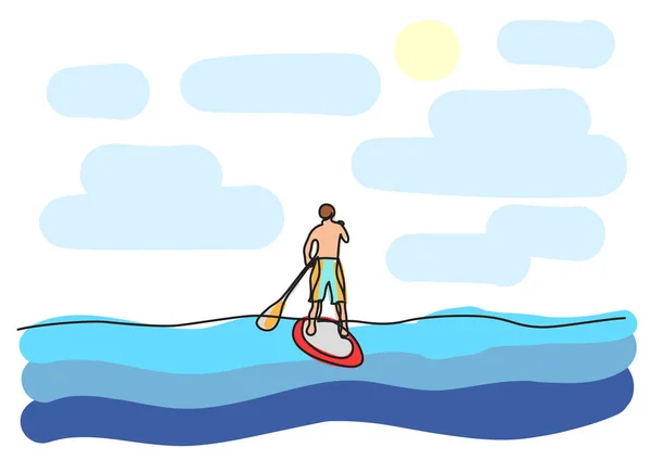 One Line Drawing Man Paddling Water — Stock Vector