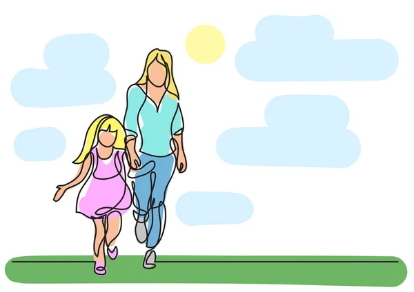母と娘が一緒に歩いての つの線の描画 — ストックベクタ