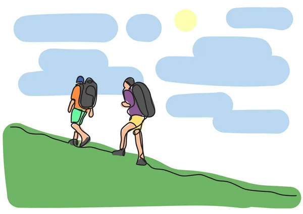 Dibujo Una Línea Viajeros Caminando — Vector de stock