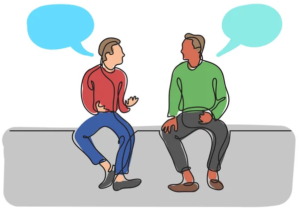 Dessin Une Ligne Deux Hommes Assis Parlant — Image vectorielle