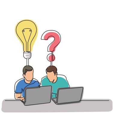 bir soru hakkında konuşurken dizüstü bilgisayarlar ile oturan iki adamın sürekli çizgi çizme