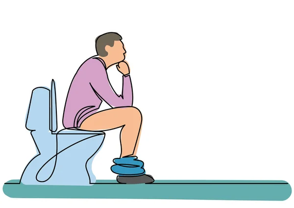 Continuous Line Drawing Man Sitting Toilet Seat Thinking — Stock Vector