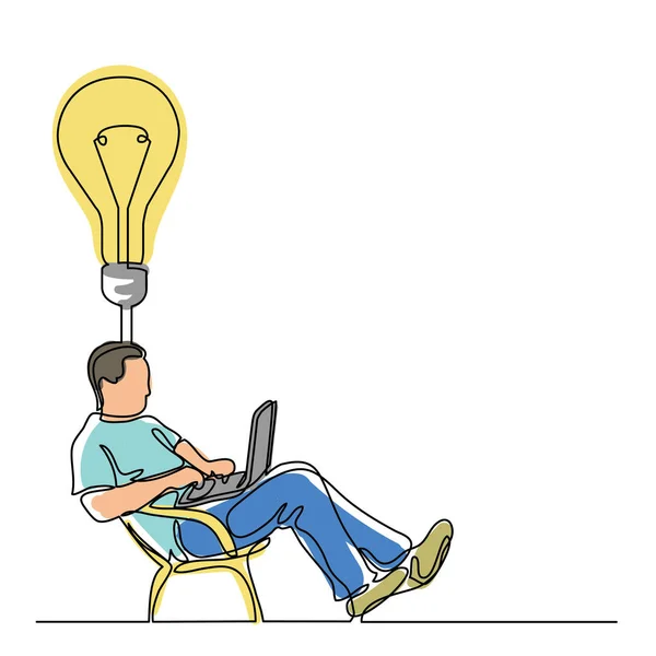 Dibujo Línea Continua Del Hombre Sentado Trabajando Ordenador Portátil Idea — Vector de stock