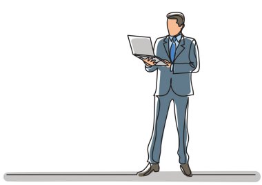 iş durumu - dizüstü bilgisayar ile ayakta işadamı sürekli çizgi çizme